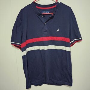Nautica Mens Rugby Polo Shirt XL Navy Red White Striped Classic Fit Cotton